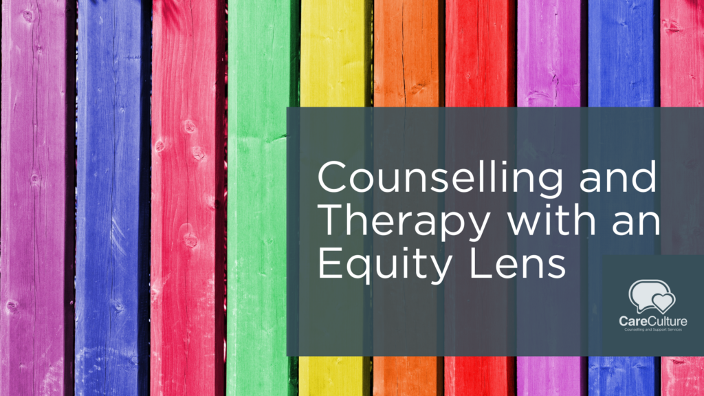 Counselling and Therapy with an Equity Lens in frount of rainbow coloured wood planks